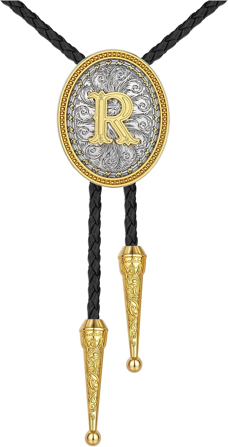 HUABOLA CALYN Bolo tie for Men, Western Cowboy Golden Alphabet Initial Letter ABCDJMR to Y Costume Bolo ties Neckties