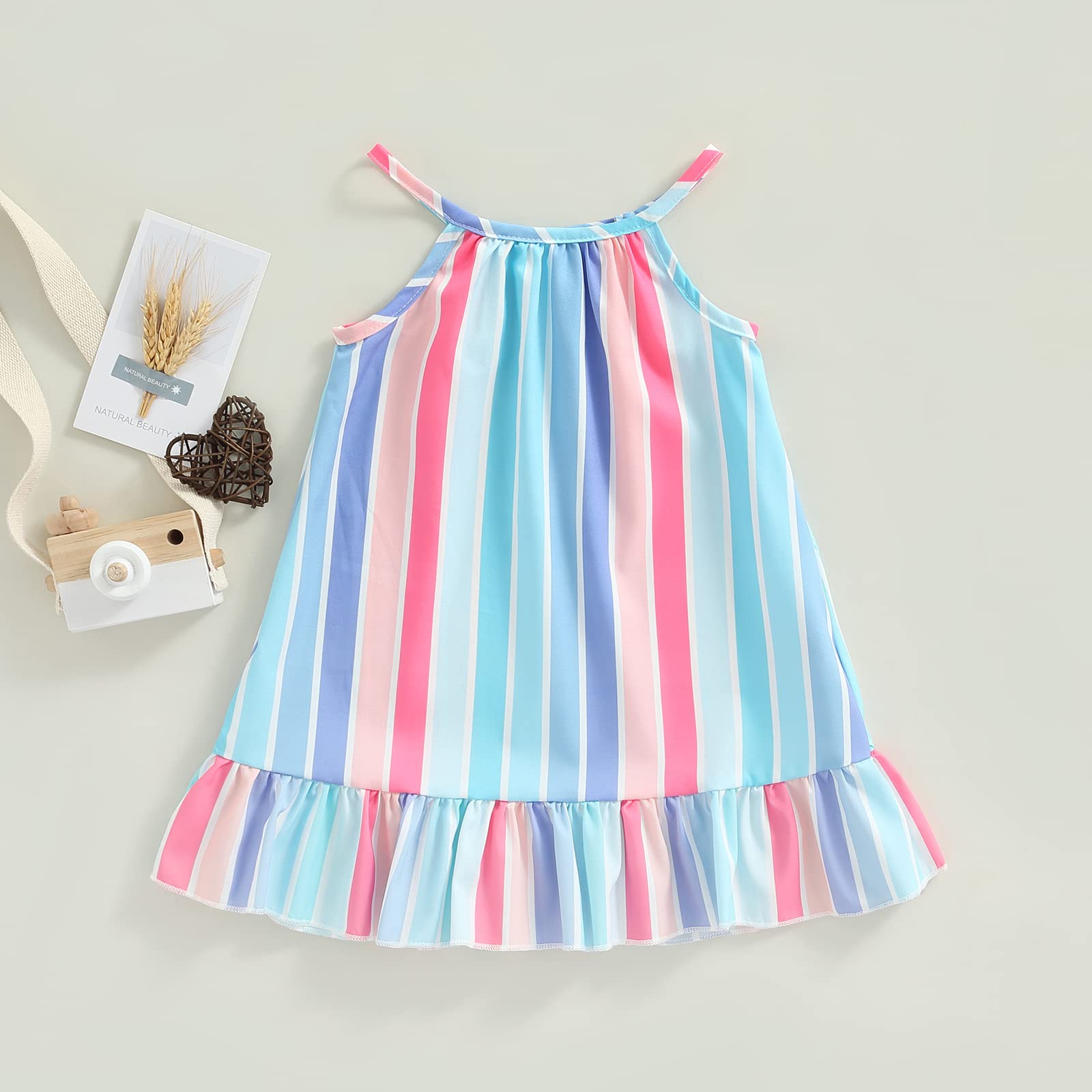 KMBANGI Kid Toddler Baby Girl Summer Dress Sleeveless Spaghetti Strap Striped Ruffle Trim Beach Dresses (Blue Purple, 2-3 Years)