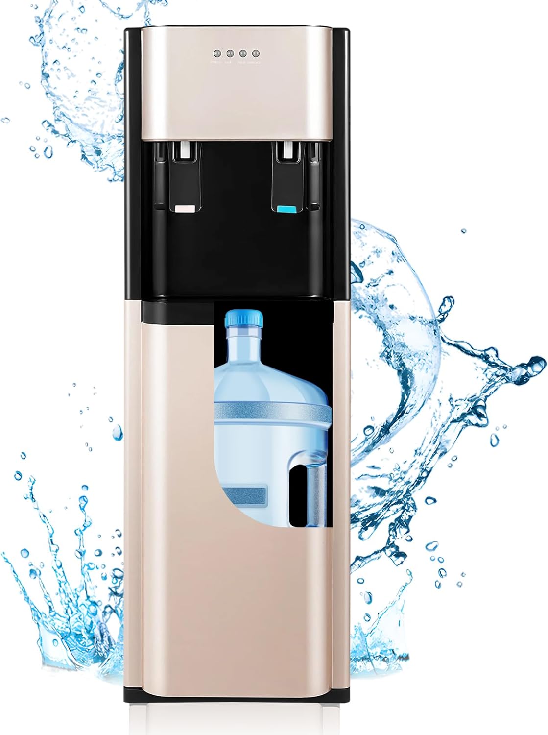 Cutaway view of the water dispenser showing a 5-gallon water bottle inside the bottom compartment, with a tube extending from the dispenser into the bottle.