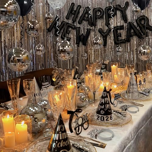 New Years Eve Party Supplies - New Years Decorations 2026 - 98 Pcs Sets With Happy New Year Balloons,Disco Balls, Hats, Headbands, Glasses,Noise Makers,Fringe Curtains - Nye Decor Backdrop Accessories