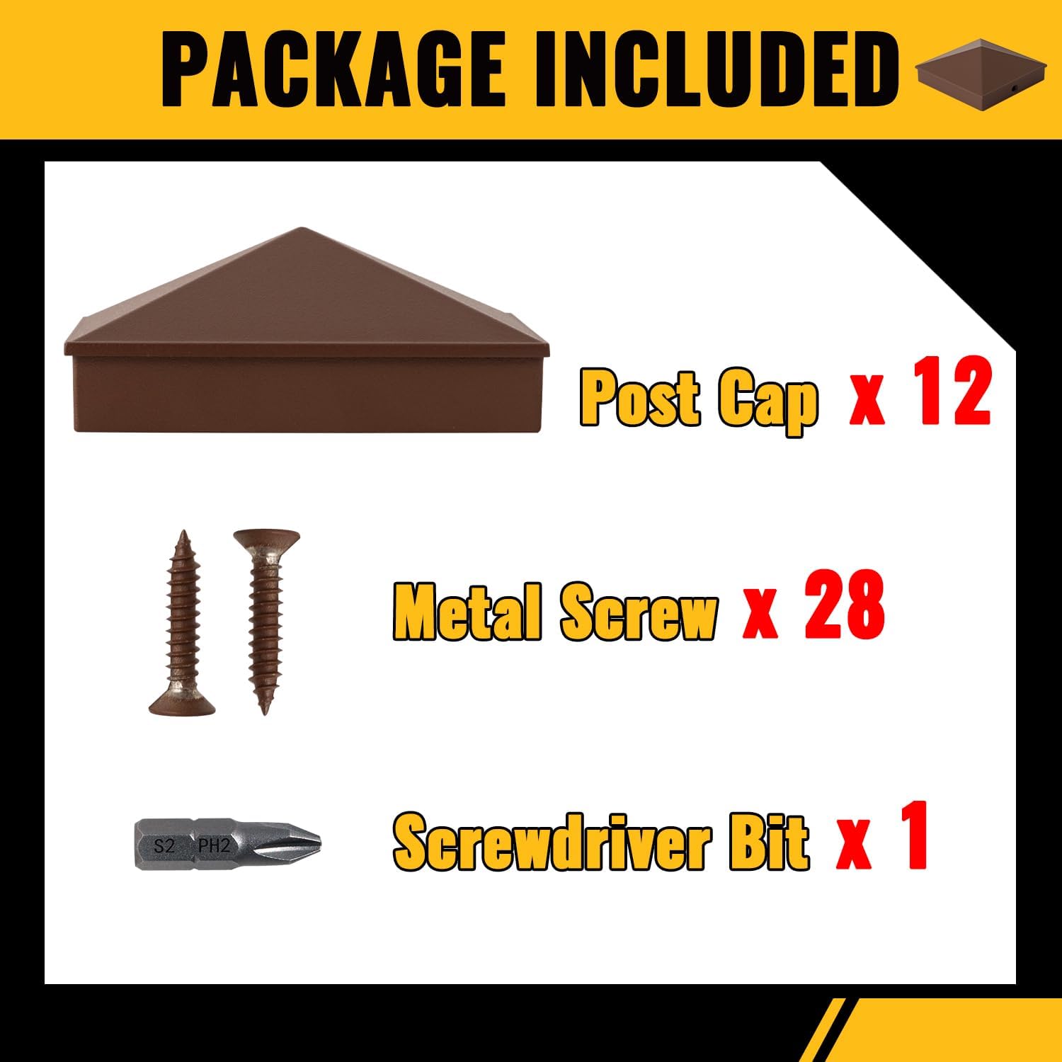 VIVIDA 4x4 Aluminum Post Caps(Actual 3.5" x 3.5"), Metal Fence Post Caps with Waterproof Matte Powder Coated, for Wooden Fence, Deck, Mailbox, Patio, Screw & Driver Bit Included, Brown, 12 Pack