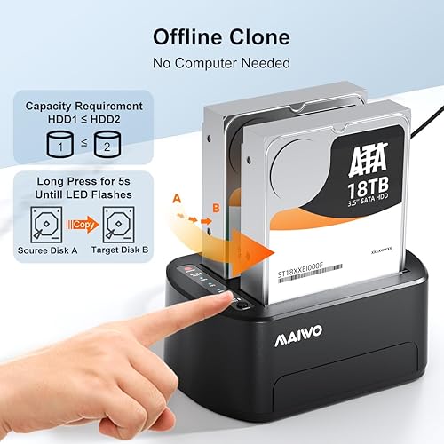 Miniatura 2 de MAIWO Estación de acoplamiento de disco duro externo para 2.53.5" SATA HDDSSD con clon sin conexión, soporte UASP de 5 Gbps, capacidad de 36 TB,
