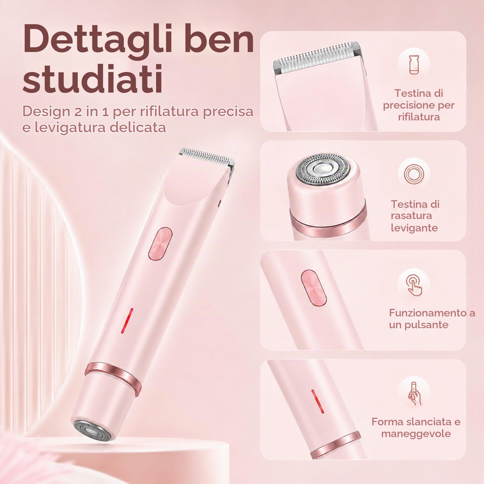 Shavea Perfetta, Belloria Rasoio Donna, Rasoio Elettrico Donna Zona Bikini, 2 In 1 Per Bikini E Corpo, Per Uso A Secco E A Umido, Adatto Per Viso, Ascelle, Gambe E Tutto Il Corpo