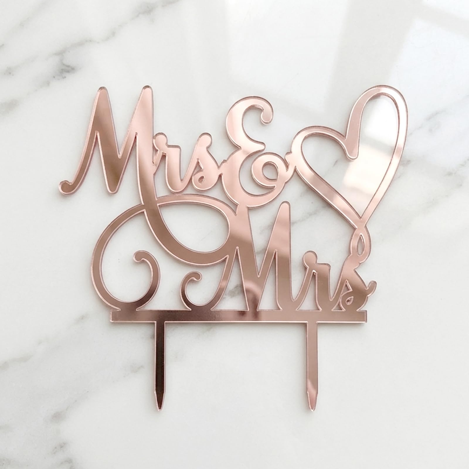 Rose Gold Mr & Mrs Heart Cake Topper for Wedding