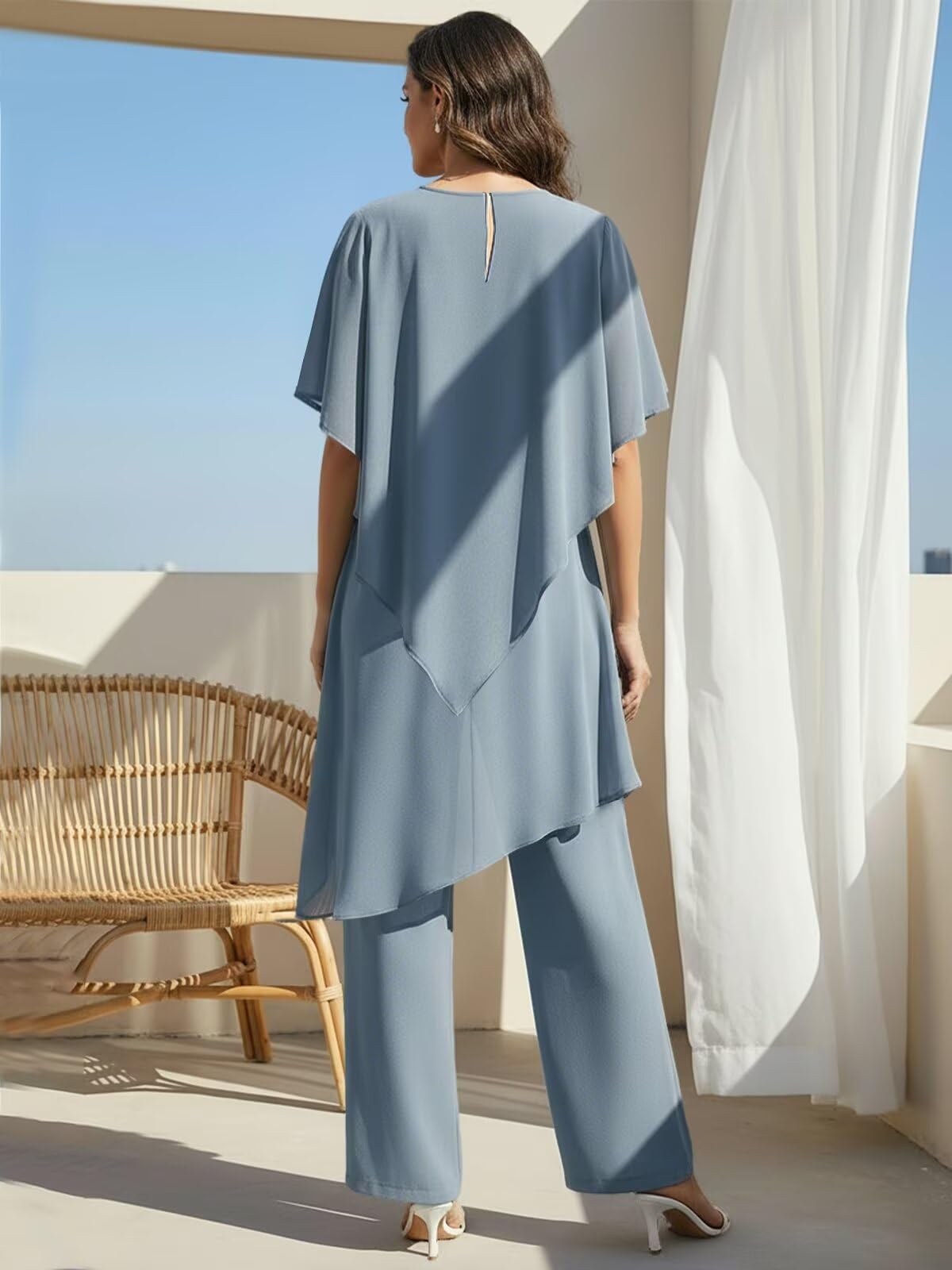 JAEDEN Chiffon 2 Teiler Hosenanzug Damen Halbarm Brautmutter Hosenanzug für Hochzeit