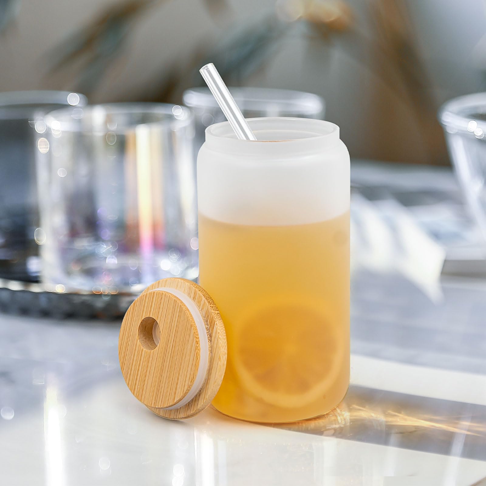 Lot de 12 Verres Givrés à Sublimation 16oz, Gobelets en Verre Borosilicate avec Couvercles en Bambou et Pailles, Blanks pour Bière, Jus, Soda, Café Glacé, Boissons