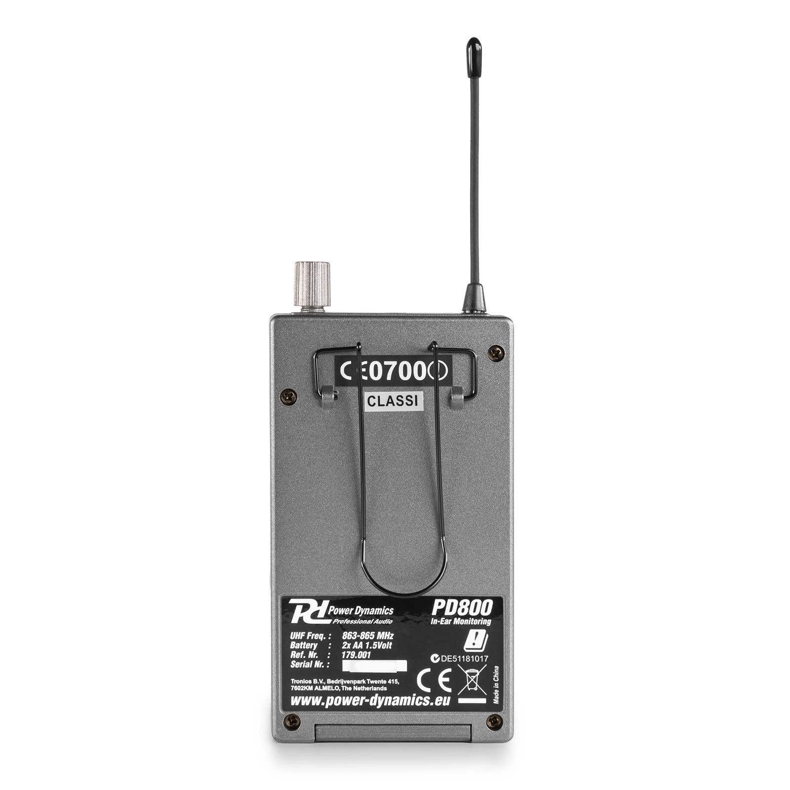 Power Dynamics PD800 Sistema de monitorización In-Ear UHF | Sistema In-Ear UHF, 20 canales, alcance hasta 80 m, incluye transmisor y receptor