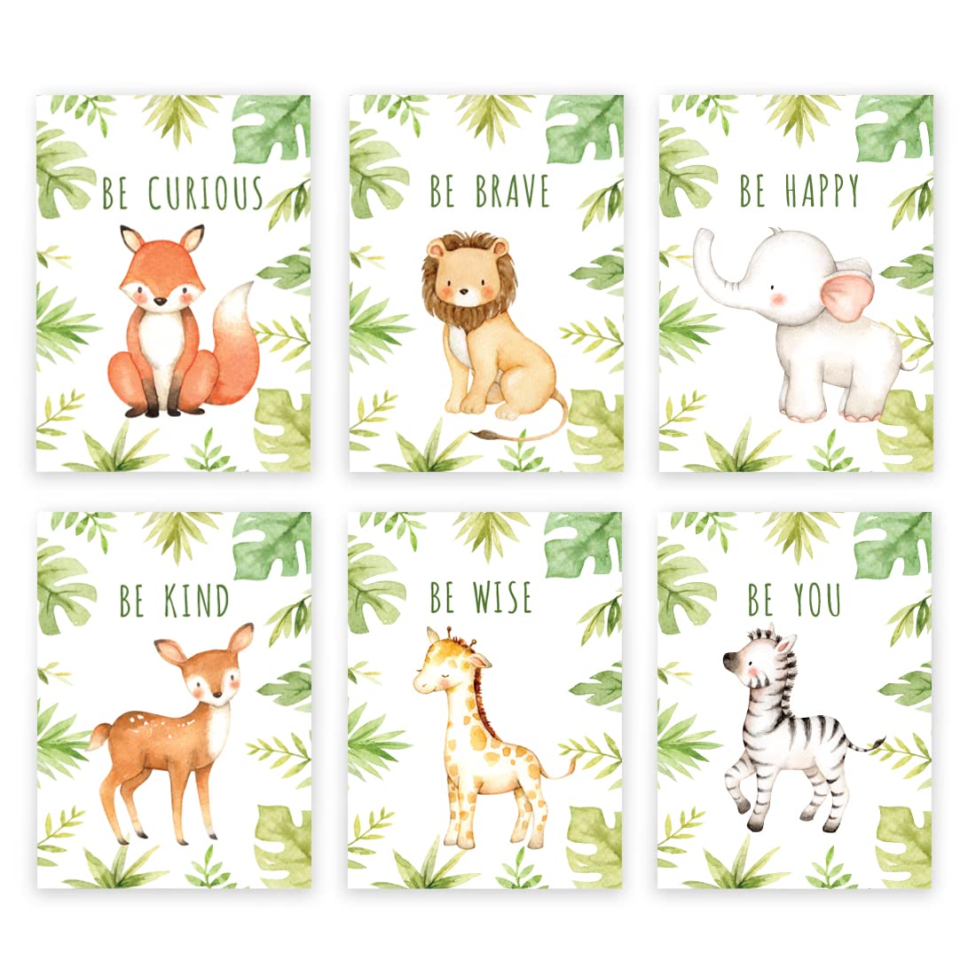INKOLOGIE Jungle Safari Nursery Kids Hanging Wall Art Decor Poster Print, A4 Size 8.25 x 11.75-inch, Green Leaves, Lion, Zebra, Giraffe, Monkey, Deer, 6-Pack, No Frame