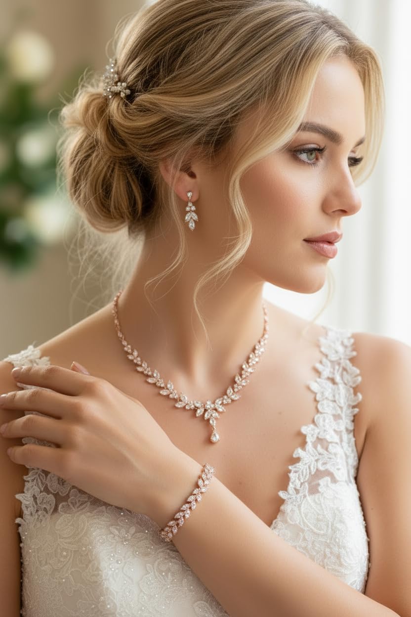 Zirkonia Brautschmuck Schmuckset Roségold – Collier, Ohrringe & Armband – edler Brautschmuck für Hochzeit, Ball & festliche Anlässe