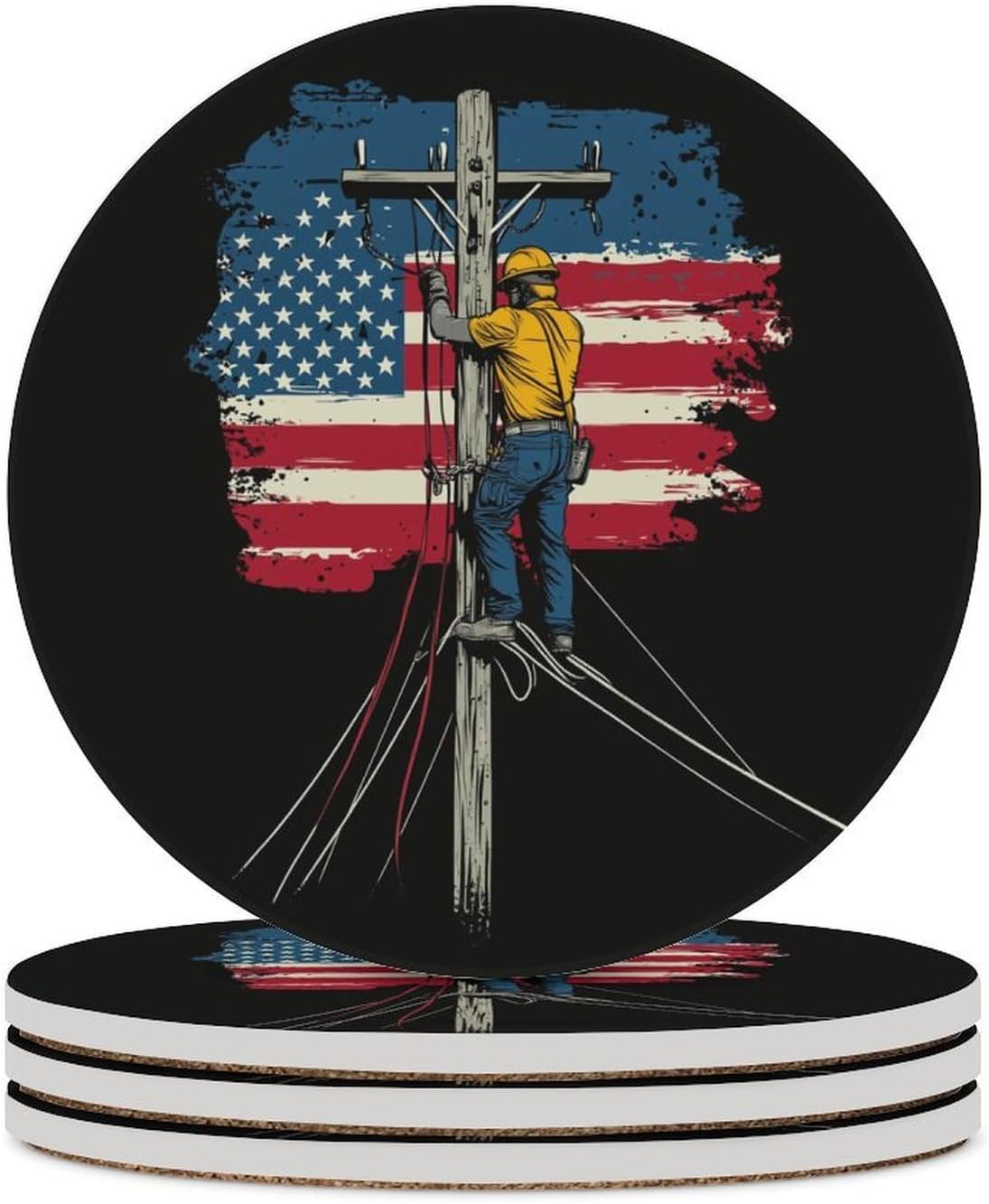Lineman U.S. Flag Funny Round Ceramic Coasters for Drink Absorbent Cup Holders Tabletop Protection