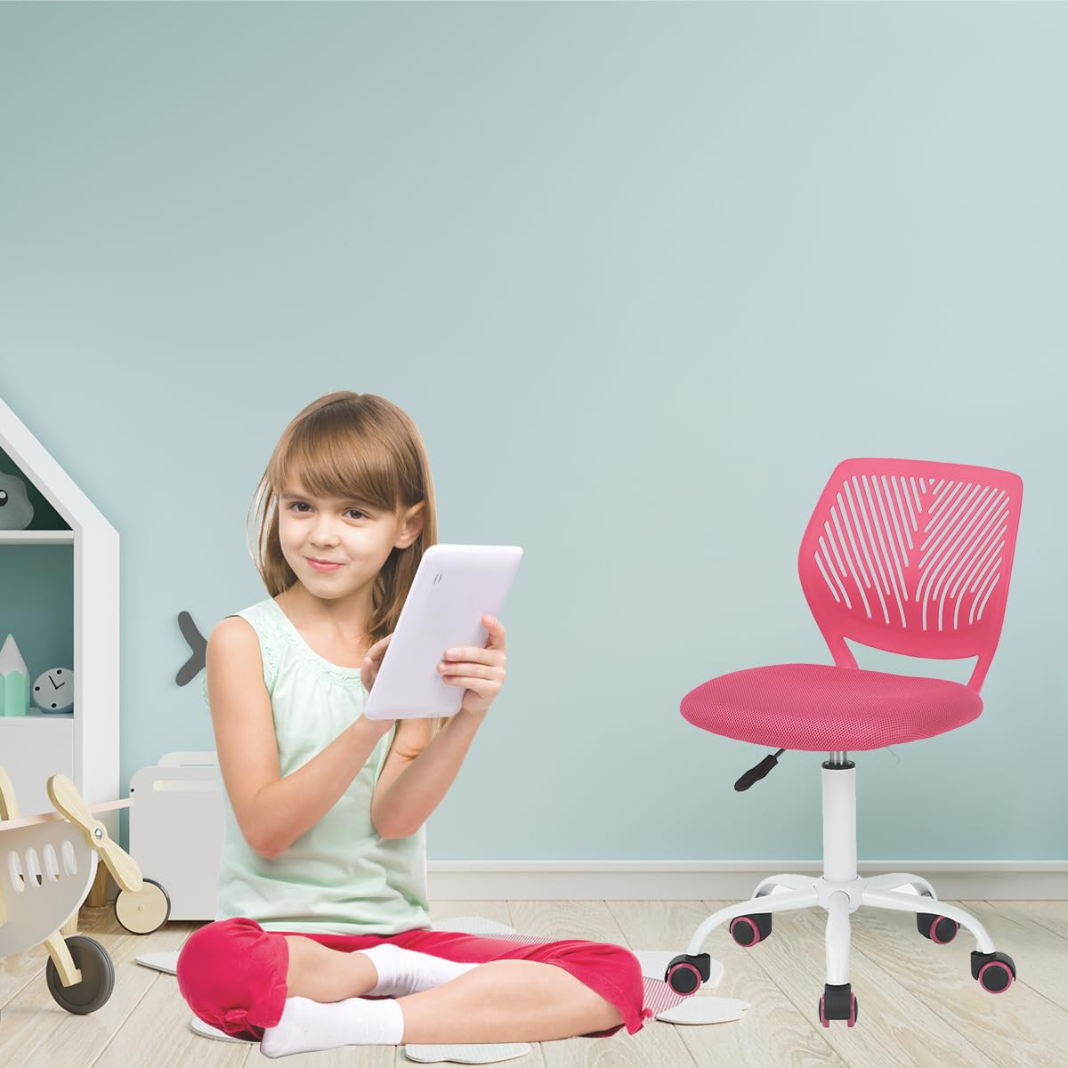 VogueNest Kids Desk and Chairs, Computer Chairs, Swivel Chairs, Armless Mesh Student Chairs, Adjustable Height, Small Tables and Chairs in The Bedroom (Premium?Red?)
