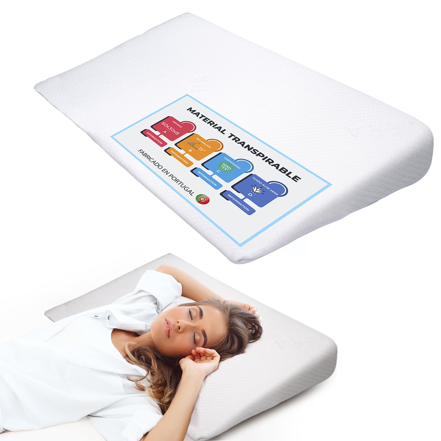 Almohada antirreflujo 60x30x8 cm - Cojín ergonómico Cervical de Espuma viscoelástica para Lectura y Descanso de Adultos, Marca española