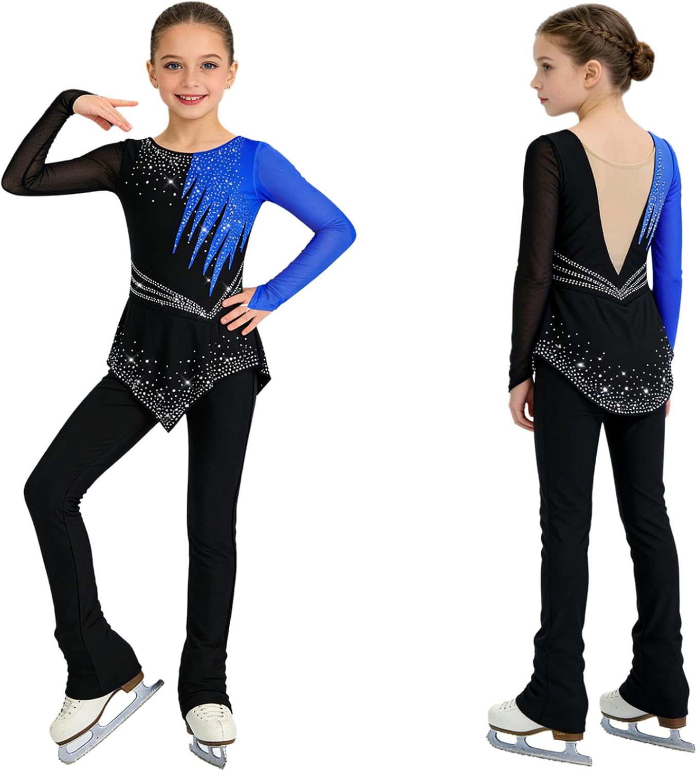 FEESHOW Kids Girls Figure Ice Skating Jumpsuit with Skirt Long Sleeve Shiny Rhinestones Color Block Gymnastics Ballet Leotard
