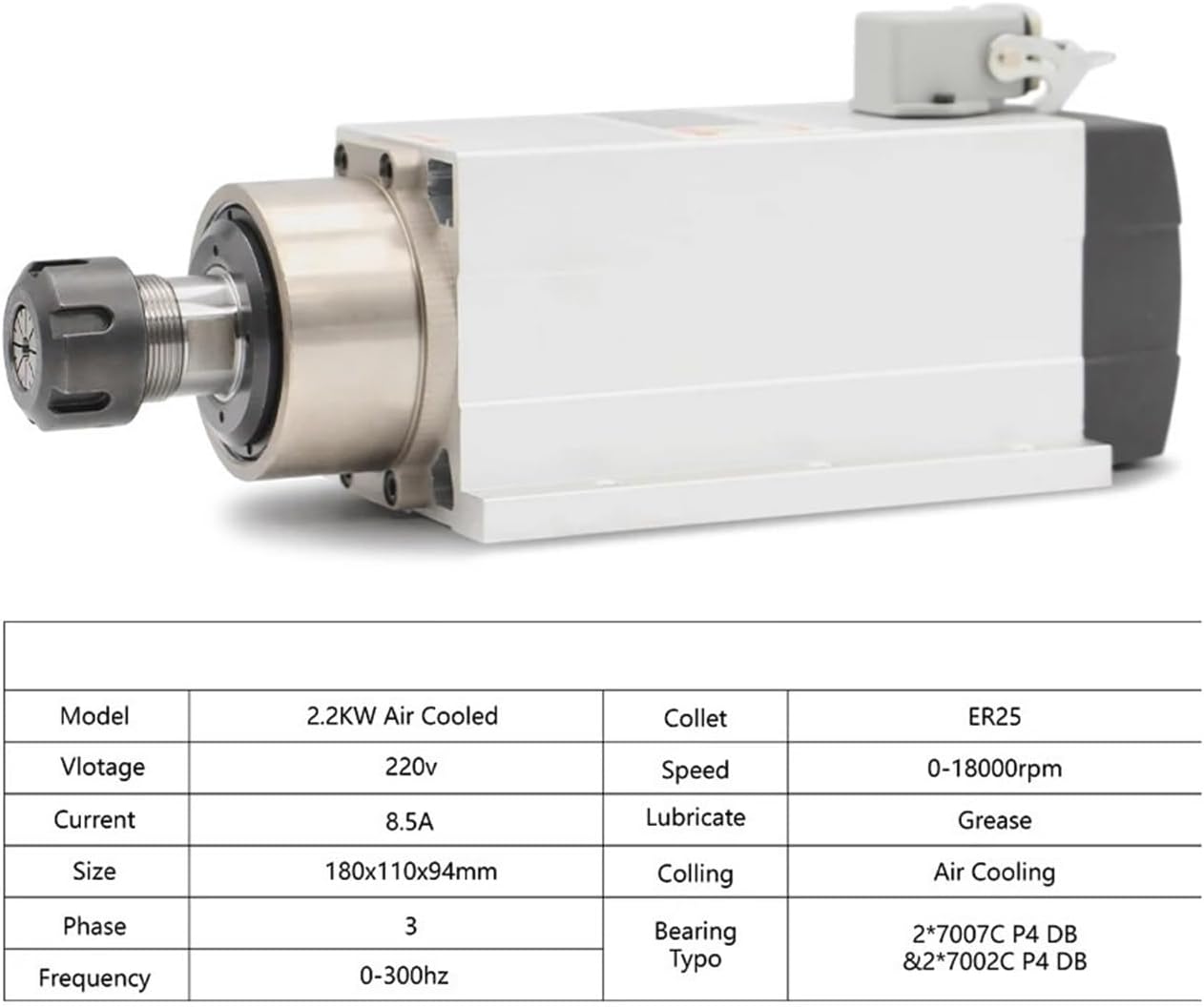 220v 2.2kw ER25 air Cooled Spindle 4 pcs Bearings Ceramic Ball Bearings 0.01mm & 2.2kw VFD/Inverter(220v)