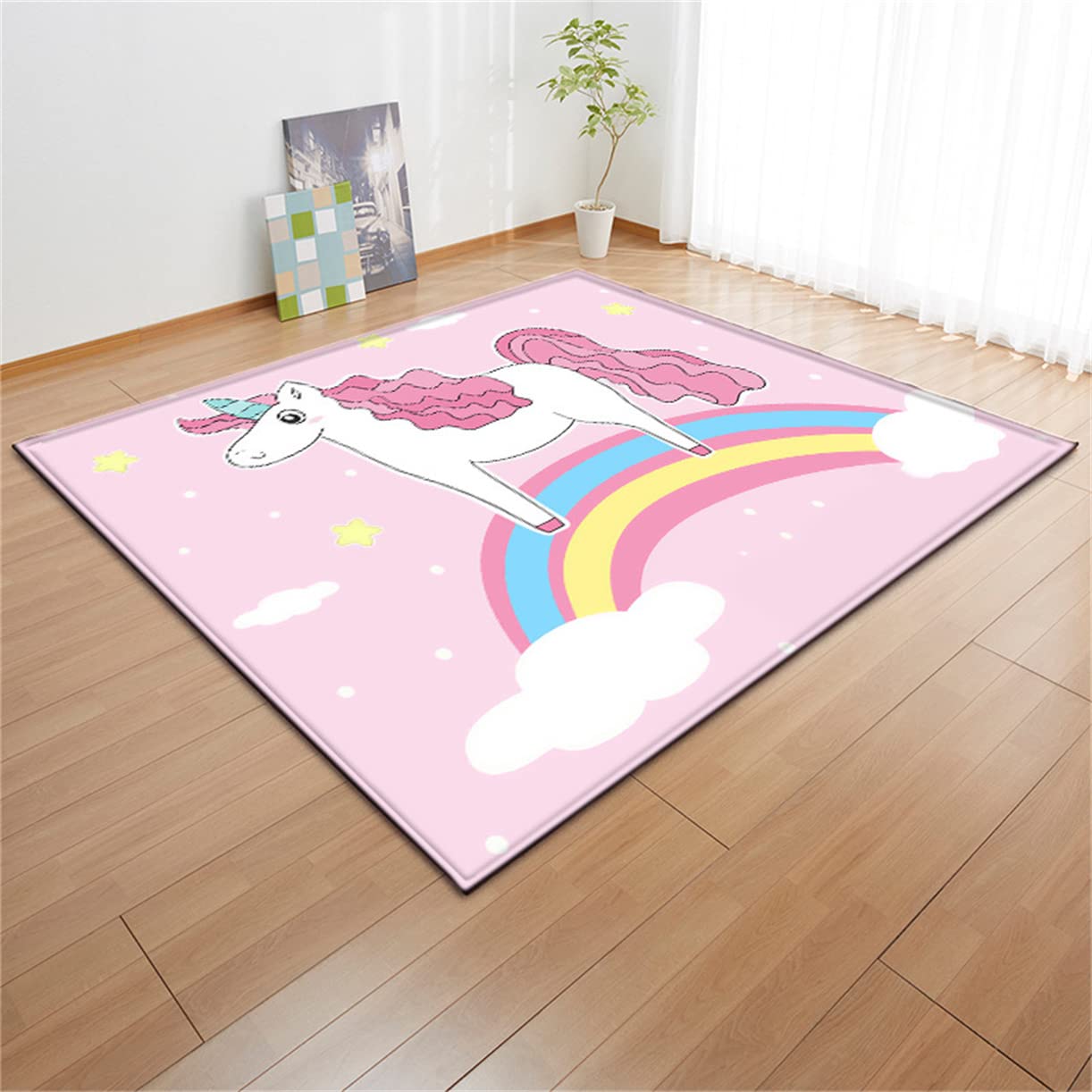 PEIHUODAN Alfombra Infantil Unicornio Flores Rosa 3D Alfombra de Salón con Caballo Unicornio Arcoíris Niño Niña Alfombra Habitación Antideslizante Colchoneta para Gatear Bebe (Color4,160 x 200 cm)