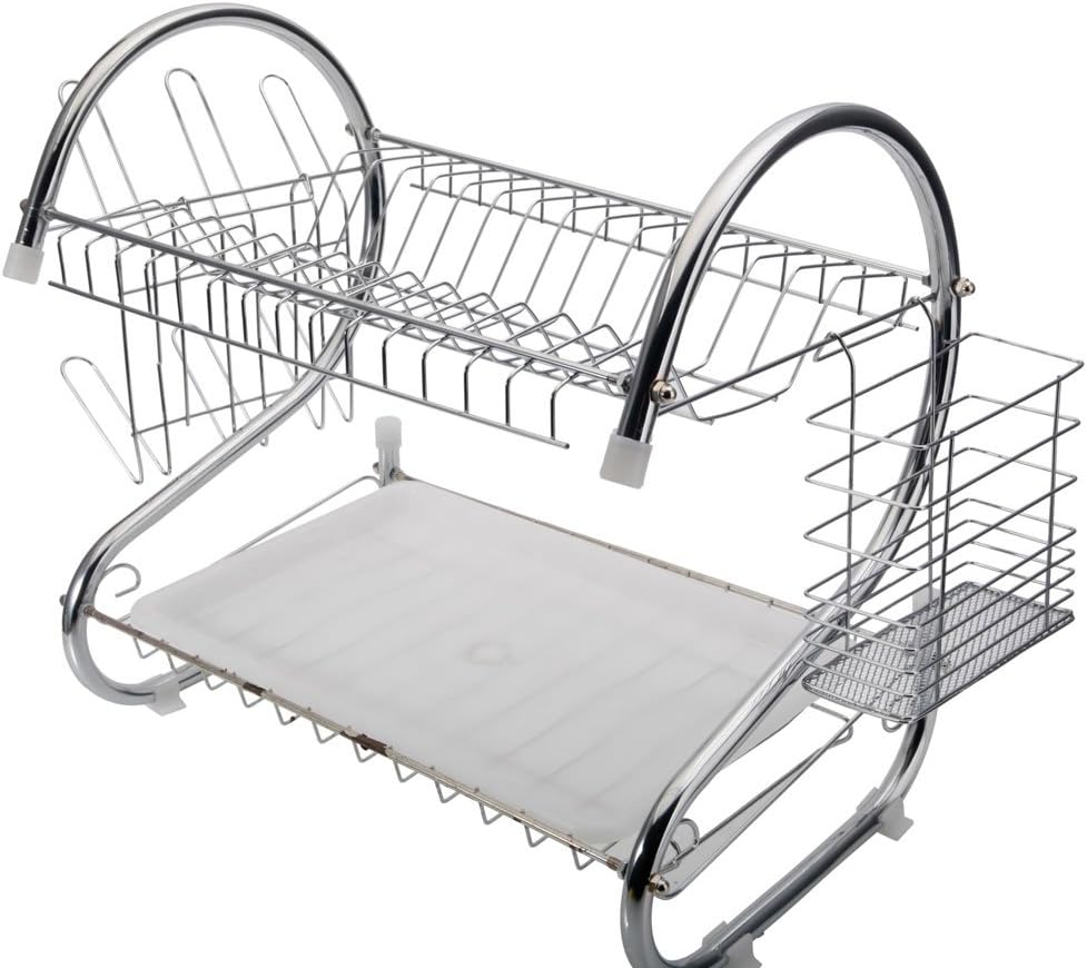 Dish Rack,2 tier Dish Drying Rack,Large Dish Racks with Utensil Holder,Cup Holder,Generic Plate Dish Drainer for Kitchen Counter Top, Plated Chrome Dish Dryer Generic over the Sink dish rack (Silver)