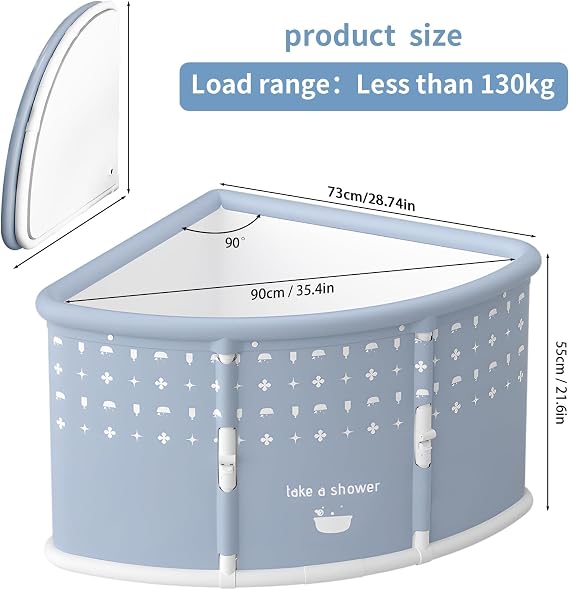 Portable Bathtub for Adults, Foldable Corner Bath Tub for Shower Cubicle, Fan Shaped Freestanding Soaking Spa Bucket, Thickened Thermal Insulation, Non Inflatable Mobile Plunge Pool, 73cm (Grey)