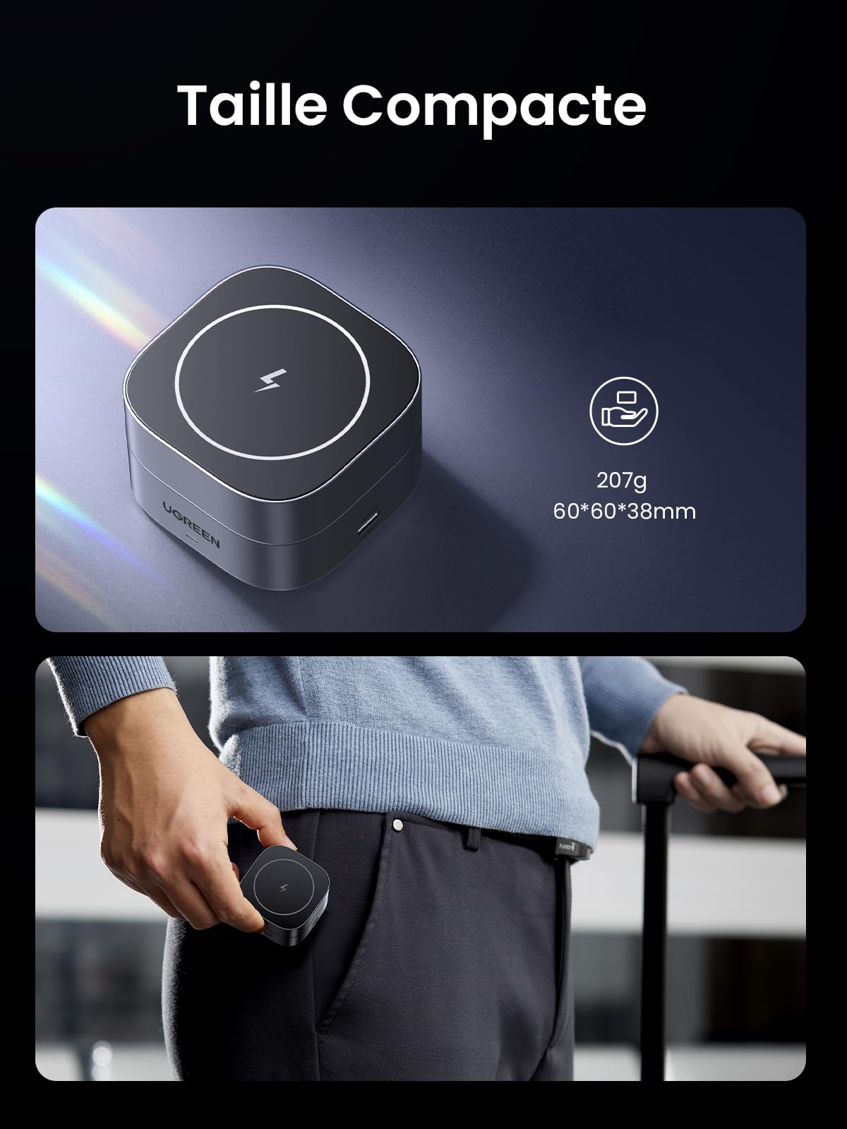 UGREEN Zapix Chargeur Induction iPhone 2 en 1 Qi Compatible avec MagSafe iPhone 17 16 15 14 13 12 Air Plus Pro Max AirPods 4 3 Pro 3 2 1 Chargeur sans Fil Magnétique Rapide Pliable Angle Réglable