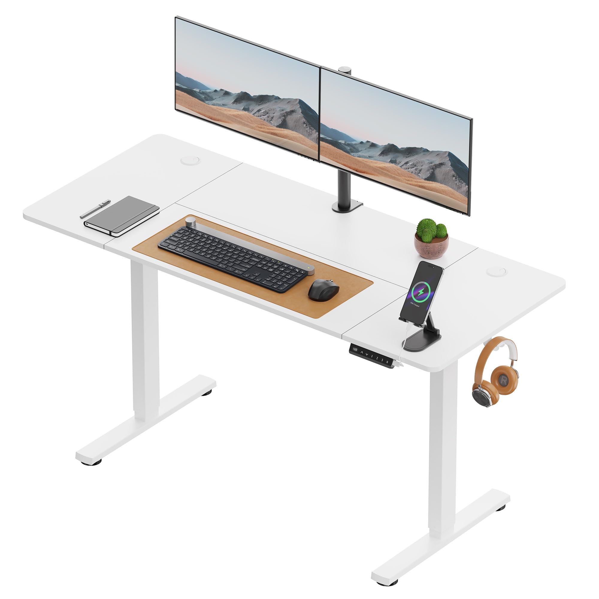 VonHaus Electric Standing Desk, USB-C Charging Height Adjustable Sit Stand Desk with Anti-Collision, Height Preset Technology & Cable Management, White Four Piece Desktop & Steel Frame, 140x60cm