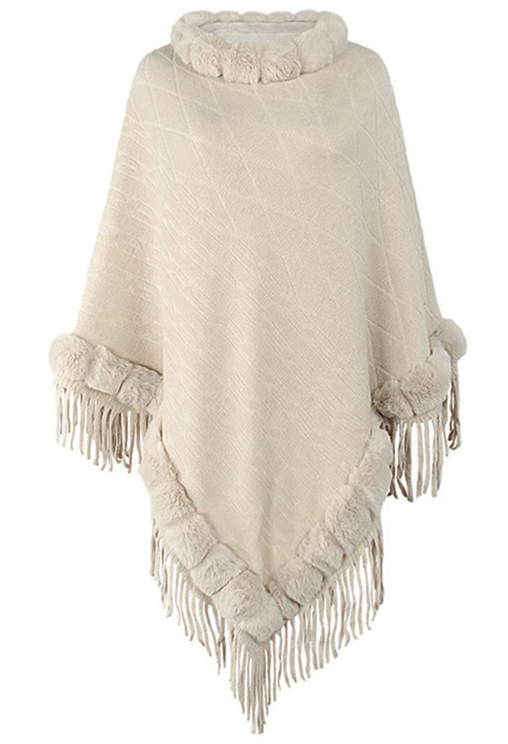 Damen Poncho Winter Strickpullover Cape mit Fransen und Kunstfellkragen Wickelschal Schal