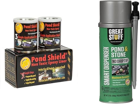 Pond Shield Pond Armor SKU-Clear-QT-R غير سامة 1.5-Quart Clear Epoxy Paint and Great Stuff 99112849 12 oz Black Smart Dispenser Pond & Stone Foam Sealant Bundle