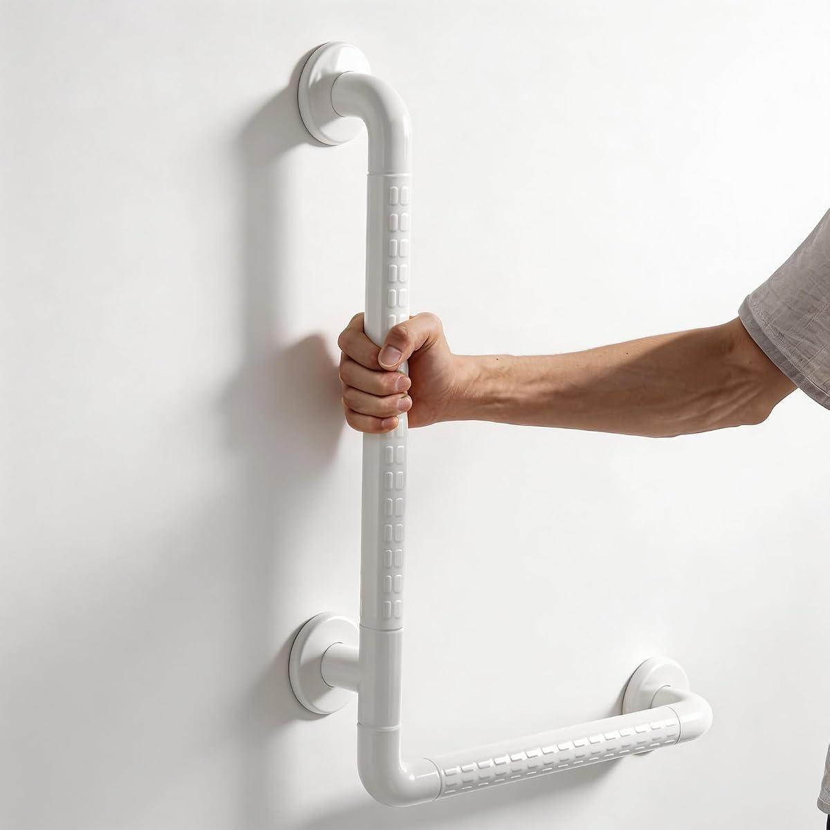 Barra de apoyo en forma de L para personas mayores – 16.0 x 24.0 in, barra de apoyo para ducha con anillos luminosos, barras de apoyo para discapacitados para baño, extensión de barra de apoyo, acero inoxidable, pasamanos antideslizante para baño, color blanco