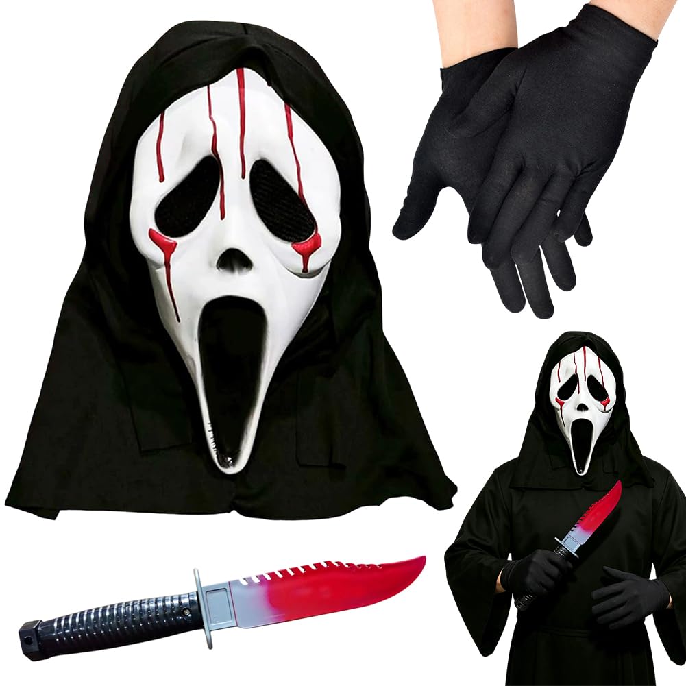 Spiritzohic Halloween Horror Scream Mask for Adults, Ghost Face Mask Latex Horror Creepy Face Mask Halloween Costume Carnival Cosplay Party Props Covering for Adults-A