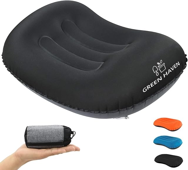 Green Haven Ultra-light Inflatable Pillow for Camping/Travel with Bag - Comfortable & Compact Camping Pillow for Adults & Kids | Compressible, Ergonomic Inflatable Travel Pillows with Lumbar Support