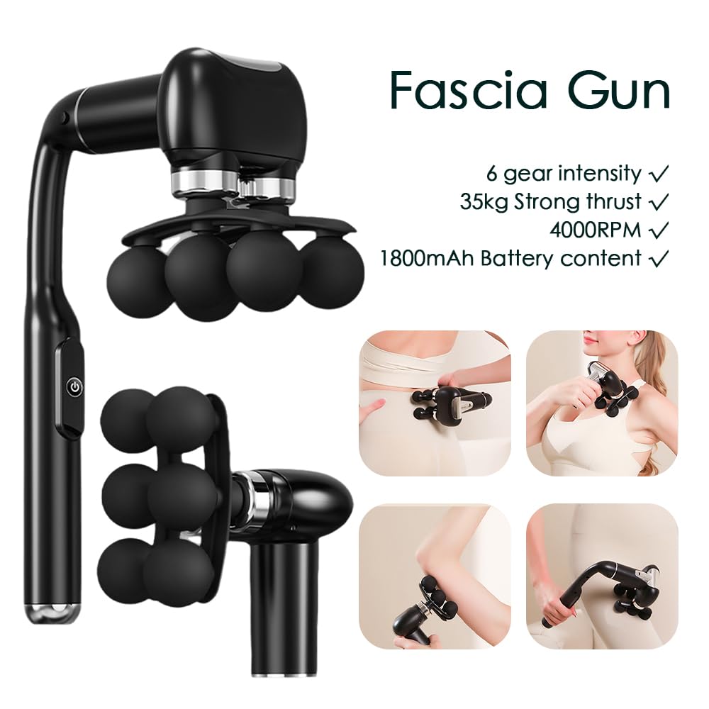 Appareil de massage à double tête, pistolet de massage à impact amovible avec poignée allongée, masseur du dos à main, masseur des tissus profonds, 5 têtes de massage interchangeables
