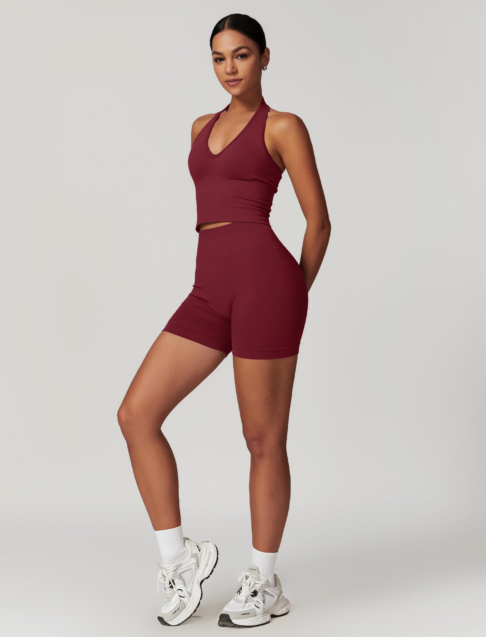 Odizli Sport Set Damen Kurz Neckholder V-Ausschnitt BH Top + High Waist Shorts Gym Fitness Outfit
