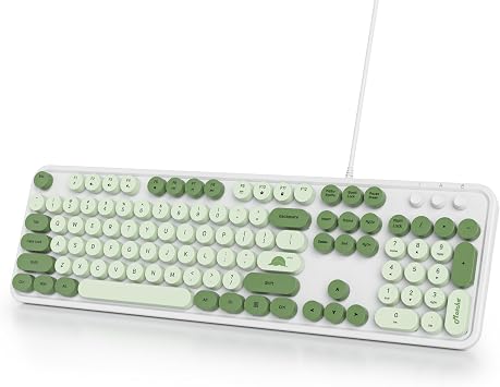 Owpkeenthy Typewriter Green Matcha Cute Keyboard with Floating Round Keys, Full Size Wired Retro Keyboard Click Feeling with Foldable Stands for Laptop Office PC Desktop Windows Matcha