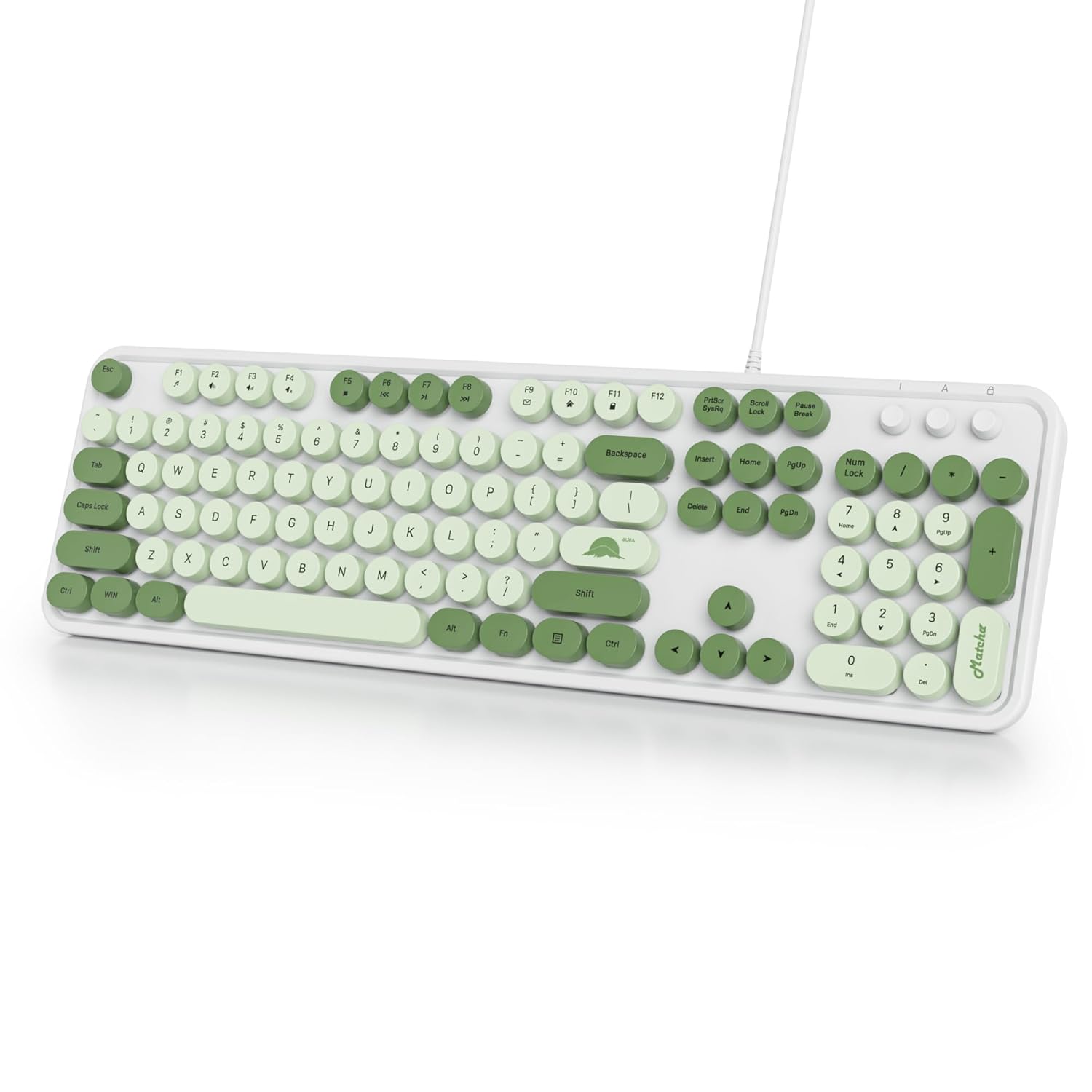 Owpkeenthy Typewriter Green Matcha Cute Keyboard with Floating Round Keys Full Size Wired Retro Keyboard Click Feeling with