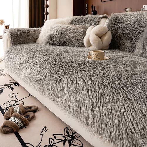 IJNBHU Sofabezug – weicher Samt, rutschfest,Fundas para Sofa 1 2 3 4 Plazas Protector de Cubre Sofae Antideslizante Antiarañazos para Perros Gatos,Dark Gray,70 * 180cm