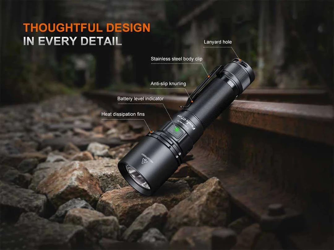 Fenix Linterna LED C7-R, potente, ultra brillante, 3300 lúmenes, iluminación de 575 metros, recargable por USB tipo C, IP68 impermeable y resistente al polvo, succión magnética en la cola