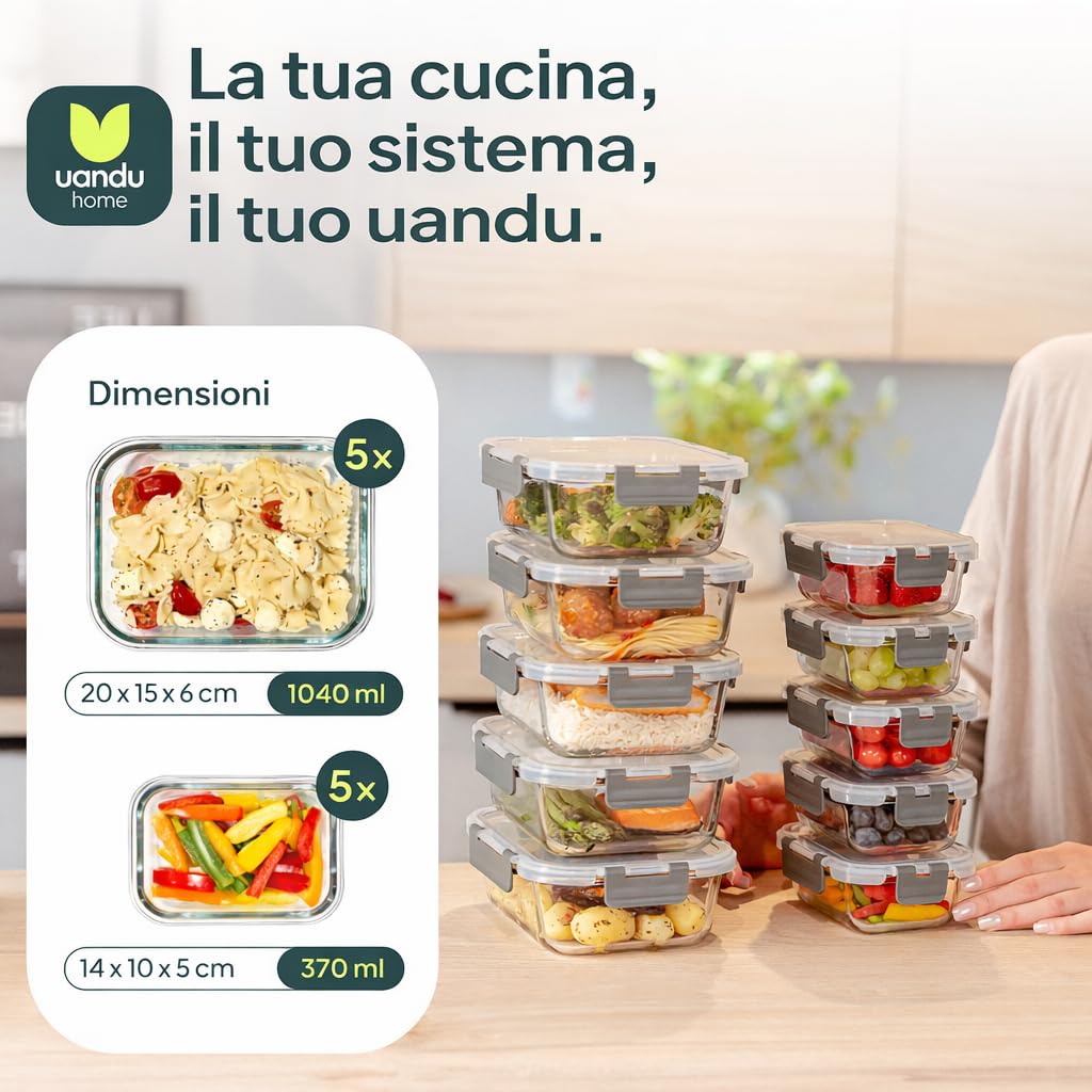 uandu Set di 10 Contenitori Ermetici per Alimenti in Vetro Borosilicato con Coperchio, Meal Prep, Senza BPA, per Microonde, Forno, Frigo, Freezer e Lavastoviglie