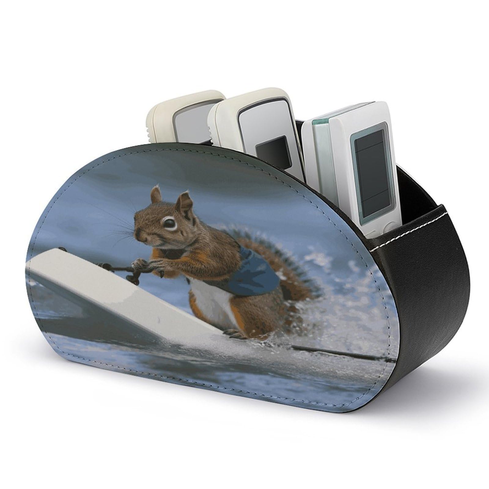 FekiLoot Water Skiing Squirrel Remote Control Holder, PU Leather Remote Control Organizer Box Stationery Remote Control Box Desk Storage Organizer for DVDs,Glasses,Pens,Media Players