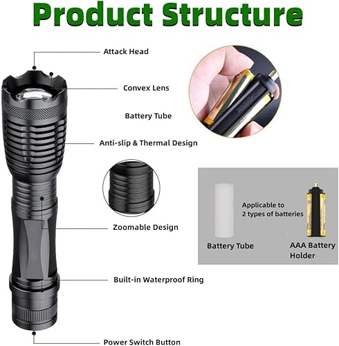 Miniatura 7 de WINDFIRE Linternas de luz verde, foco de luz de caza verde de 1200 lúmenes, linterna táctica LED monomodo con zoom, luz LED de cerdo verde