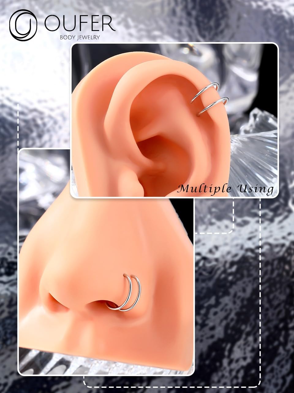 OUFER Anillo de nariz de plata de ley 925 con doble aro de 20 g, 8 mm, alambre de corte en espiral, joyería para cartílago, nariz, regalo para mujeres y hombres (alambre de corte plateado)