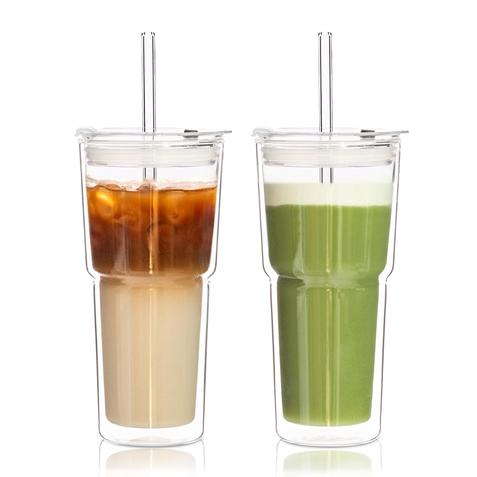 KEMORELA 2er-Set Doppelwandige Glasbecher 600 ml mit Deckel & Strohhalm – Große Thermogläser aus Glas für Latte, Eiskaffee, Smoothies & Kalte Getränke