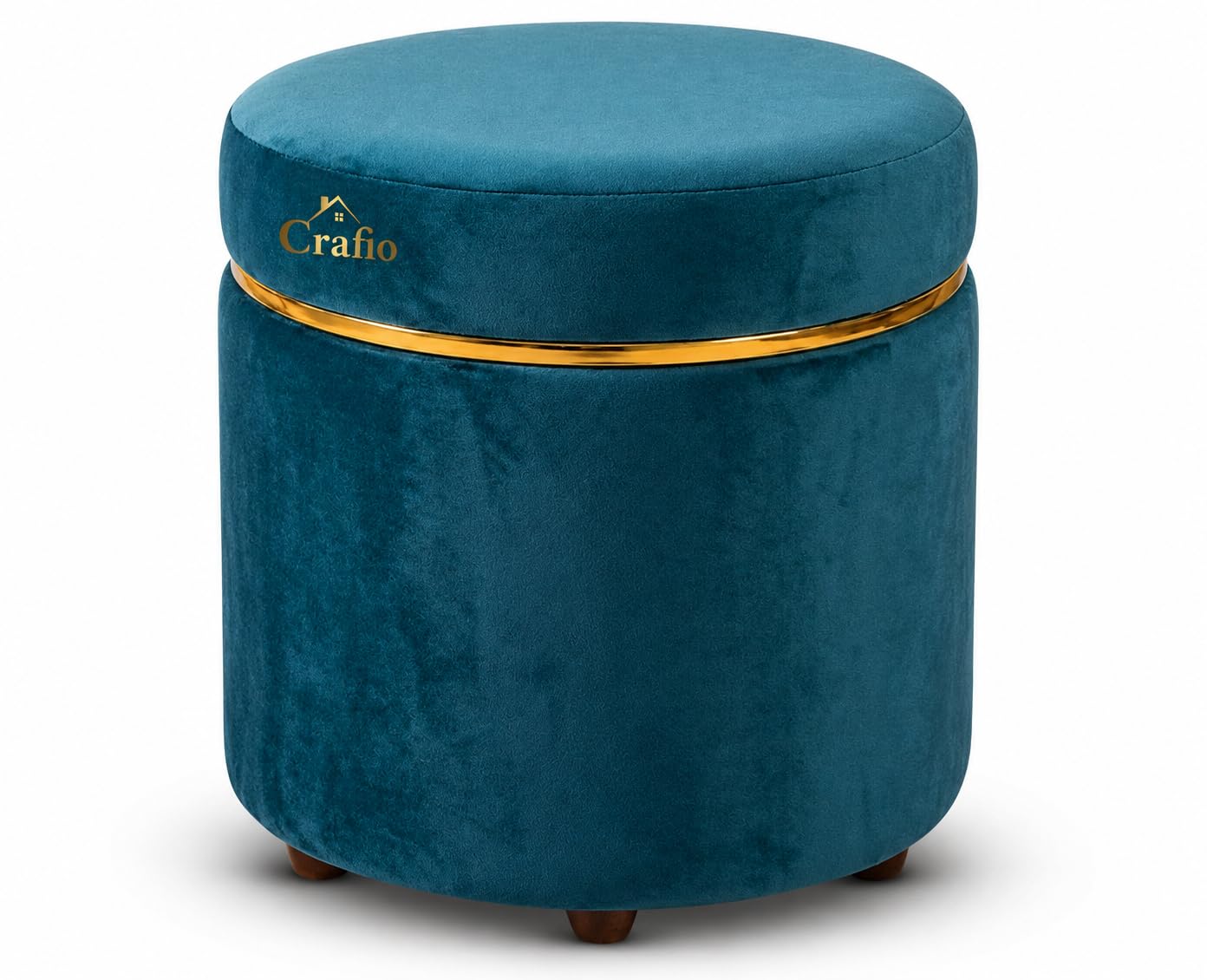 Round Upholstered Ottoman Stool | Velvet Foot Rest | Modern Accent Stool for Living Room, Bedroom, Makeup Vanity & Entryway | with Gold Metal Trim (Teal Blue)-image-25