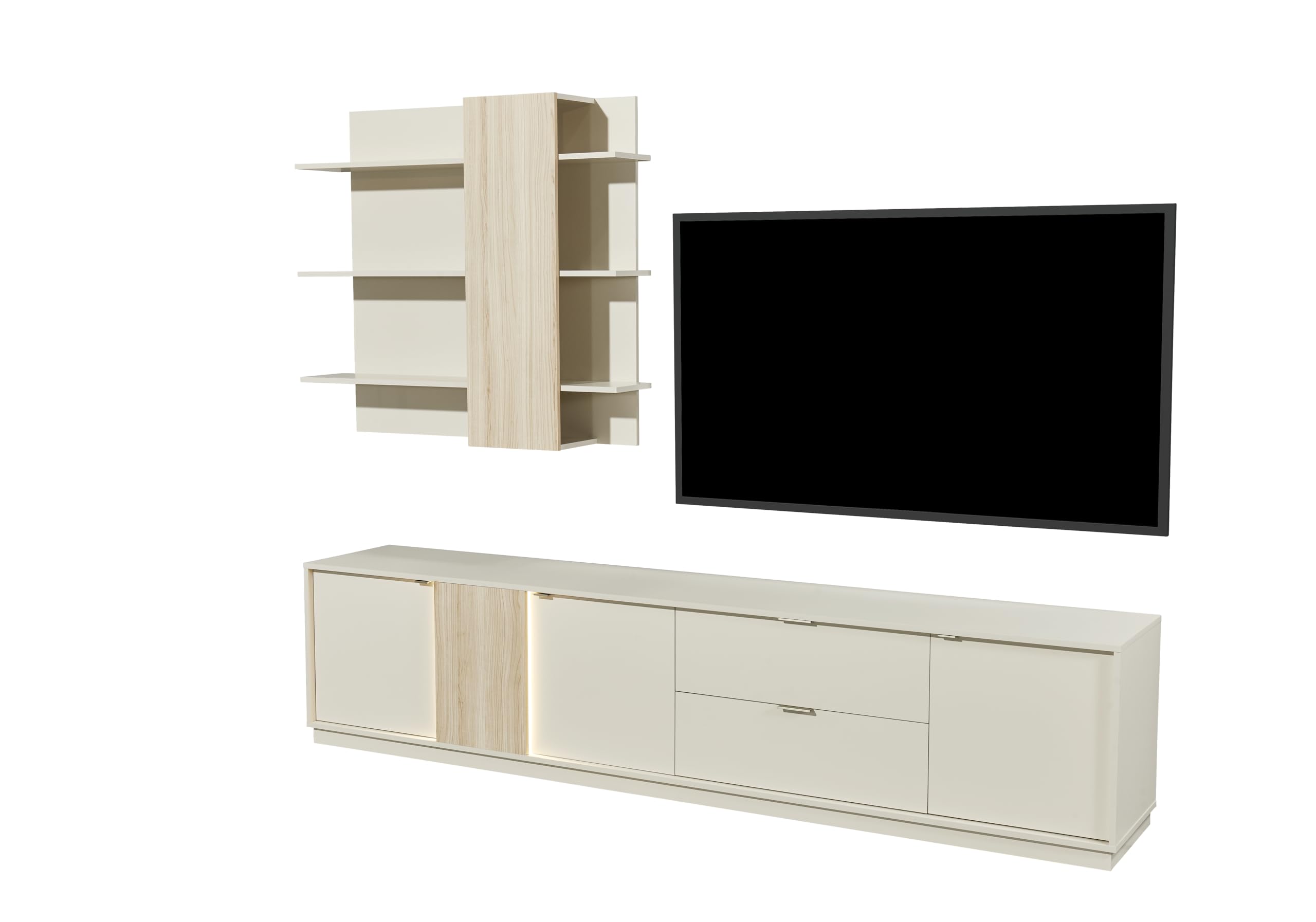 AVANTI TRENDSTORE - Ciampino - Parete da soggiorno in laminato cashmere/riva oak, composta da un mobile Tv, scaffale a parete e illuminazione a LED. Dimensioni ca. LAP 238x202x40 cm