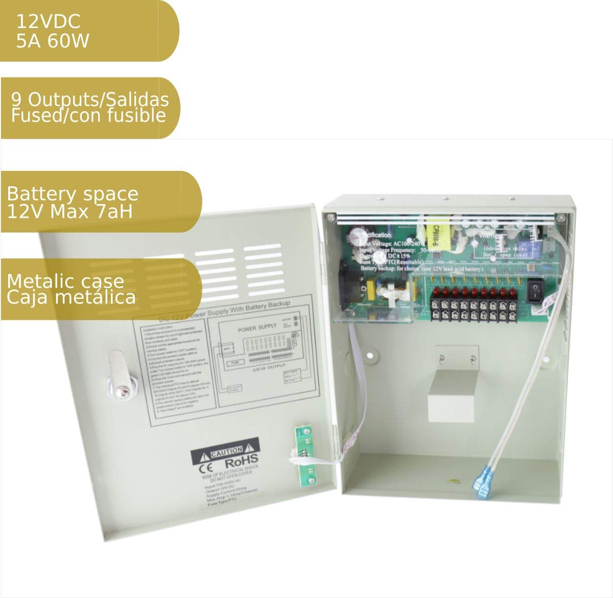 Jandei – Alimentatore 220V-12Vdc 5A carica batteria 9 uscite armadio