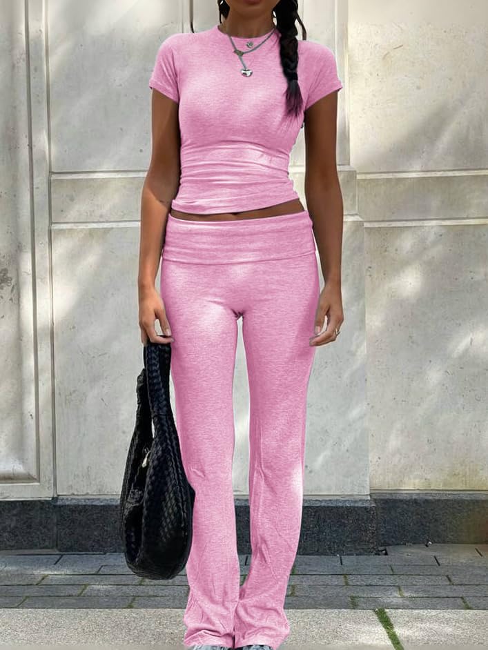 Image of ZFLM Casual Workout Two Piece Outfits for Women Short Sleeve Crop High Waist Foldover Flare Pants Tracksuit Sets Streetwear
