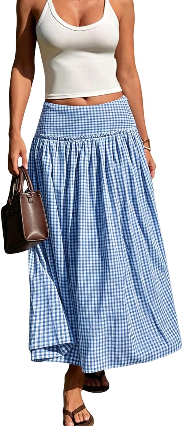 ebossy Women's Stretchy High Waist Smocked Gingham Skirt Tiered Ruffle Flowy A-Line Pastoral Midi Skirt with Pockets