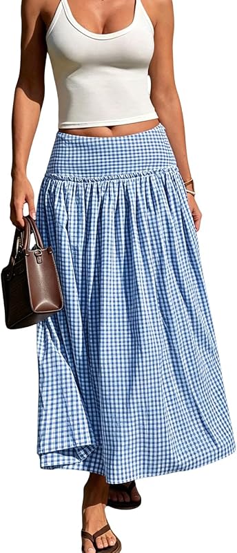 ebossy Women's Stretchy High Waist Smocked Gingham Skirt Tiered Ruffle Flowy A-Line Pastoral Midi Skirt with Pockets
