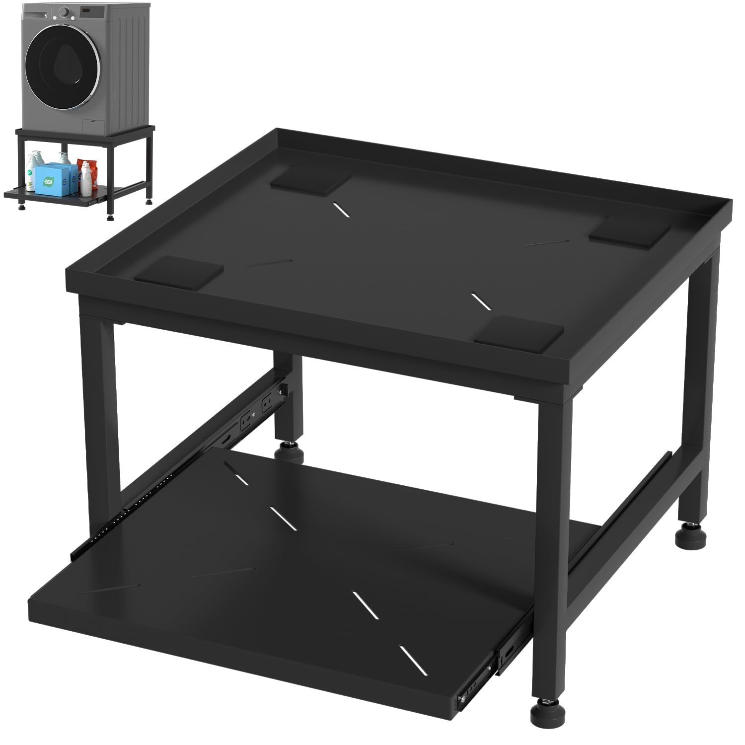 Waschmaschinen Untergestell Tragkraft 200kg, Höhenverstellbar 45cm,Mit Ausziehbarer Ablage,Anti-Vibration,Sockel für Trockner, Kühlschrank, Waschmaschine,Schwarz