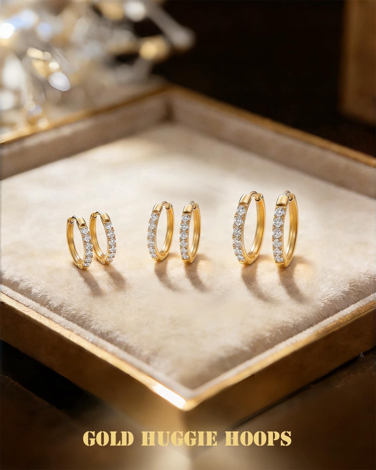 Everyday Women's 14k Gold Huggie Earrings Hoops Set — Small Dainty Cubic Zirconia Hoop Earrings 14K Gold Plated, Shower-Safe, Work-Ready, Skin-Friendly, Easy to Stack (3 Pairs) - Image 2