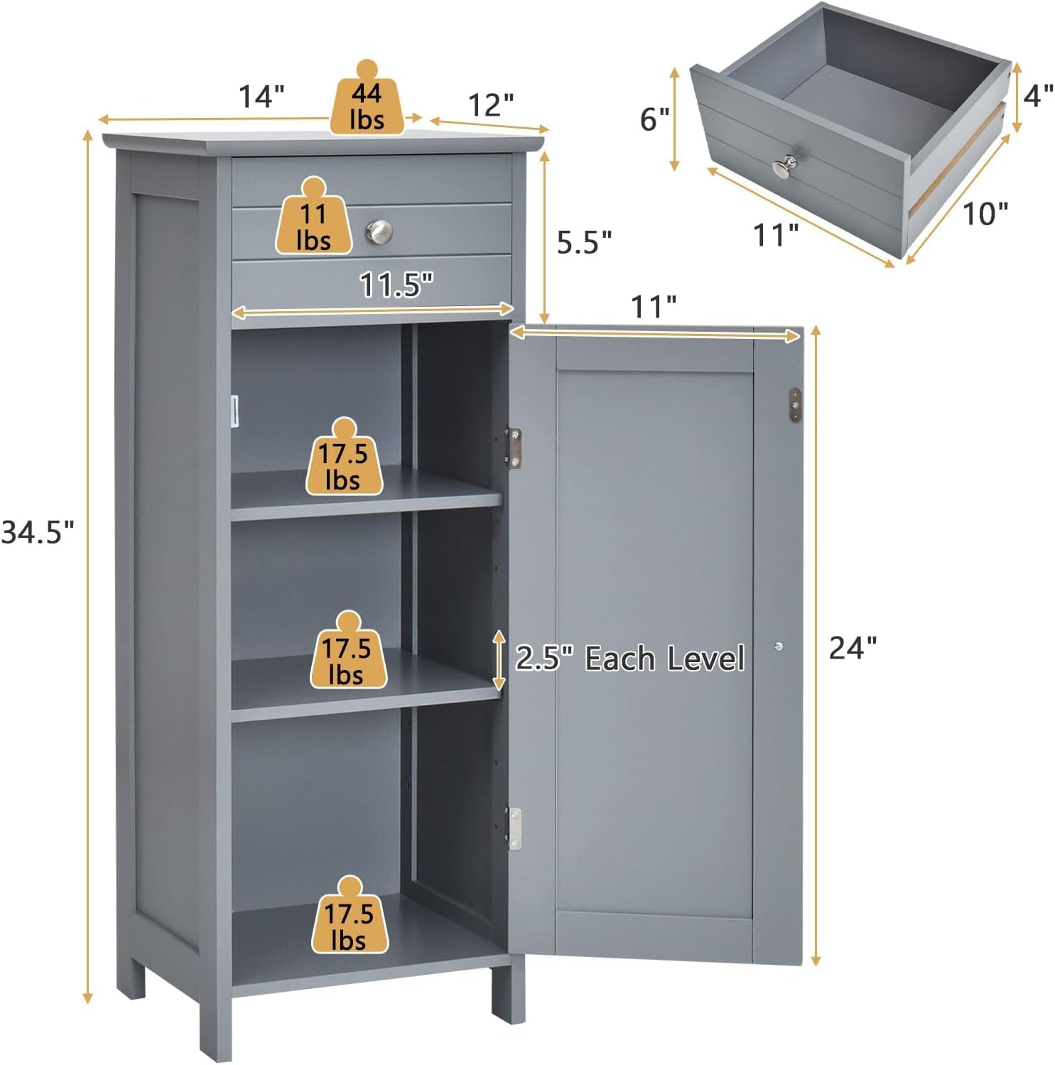Bathroom Floor Cabinet, Freestanding Side Floor Storage Cabinet, 1 Large Drawer and 2 Adjustable Shelves, Modern Storage Cabinet Bathroom Storage Cabinet for Narrow Space (Grey)
