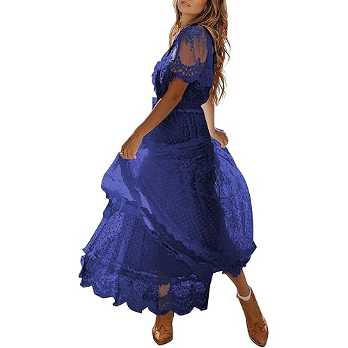 Bdcoco Women's V Neck Button Down Floral Lace Maxi Dress Casual Short Sleeve Boho Flowy Dresses