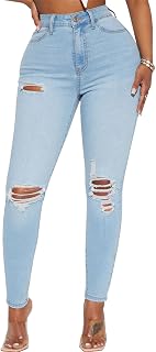 Boyfriend Stretchy Jeans for Women - Distressed Frayed High Waisted Trendy Denim Blue Jeans